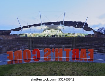 UK, Scotland, Edinburgh, Holyrood Neighbourhood - November 11, 2015: Twilight View Of Our Dynamic Earth.