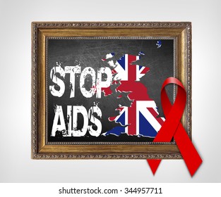 UK STOP AIDS World Aids Day Concept With Red Ribbon And Aids Awareness