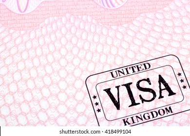 UK Visa Immigration Stamp Passport Page Close Up, Copy Space