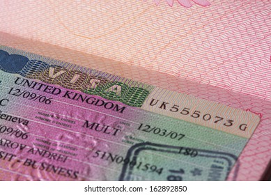 UK Visa In Passport, Closeup