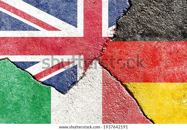 UK VS Germany VS Italy national flags icon on\
broken weathered wall with cracks, abstract international country\
political economic relationship conflicts pattern texture\
background wallpaper