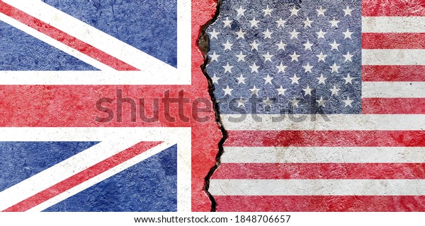 UK VS USA national flags icon isolated on\
broken weathered cracked concrete wall background, abstract UK US\
politics economy relationship friendship partnership conflicts\
concept texture wallpaper