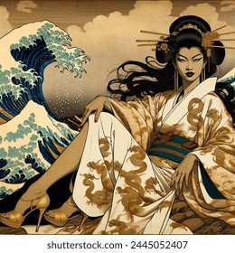 Ukiyo-e artistic image of golds and blues and earth-tones ambiance, gritty bokeh photorealistic image of a woman, mixed brazilian-japanese ethnicity, extremely dark complexion, reclining luxuriantly, a devilish smirk, highly-detailed eyes, wearing an