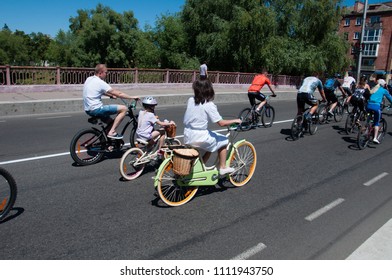 Ukraine, Chernigov, May 27, 2018: cycling day, bike holiday, flash mob and bike ride in the city. Concept of a healthy lifestyle, family, sports.
