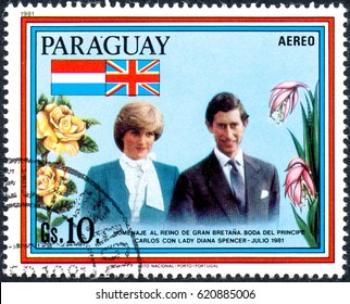 UKRAINE - CIRCA 2017: A Postage Stamp Printed In Paraguai Shows The Wedding Of Charles, Prince Of Wales, And Lady Diana Spencer Took Place On 29.07.81 At St Paul's Cathedral, London, Circa 1981