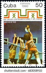 UKRAINE - CIRCA 2017: A Postage Stamp Printed In Cuba Shows Volleyball From Series 16th Central American And Caribbean Games, Circa 1990