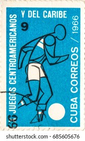 UKRAINE - CIRCA 2017: A Postage Stamp Printed In Cuba Shows Soccer, From Series 10th Central American And Caribbean Games, Circa 1966