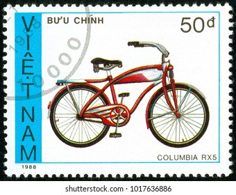 Ukraine - circa 2018: A postage stamp printed in Vietnam show children bicycle Columbia RX 5. Series: Bicycles. Circa 1988.