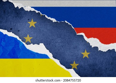 Ukraine, european union, Russia flag grunge Ripped paper background. Abstract international political relationship friendship gas conflicts concept texture wallpaper