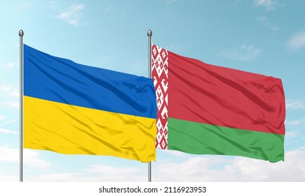 Ukraine Flag and Belarus Flag waving with texture sky clouds and sunset Double Flag - 3D illustration - stock image
