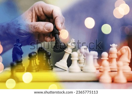 Ukraine flag, chess and hands for war, strategy and overlay for combat, battle and fight with Russia. Global conflict, military games and international warzone for freedom, justice and human rights Zdjęcia stock © 