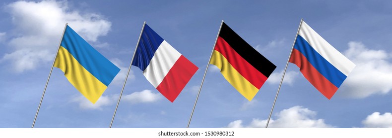 Ukraine Flag, France Flag, Germany Flag And Russia Flag On Sky Background, 3d Render.  Meeting In The Normandy Format.