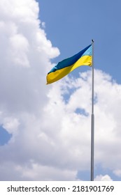 Ukraine Flag Large National Symbol Waving On The Blue Sky With Clipping Path. Large Yellow Blue Ukrainian State Flag, Independence Constitution, National Holiday. Democracy And Politics. Symbol Of Win