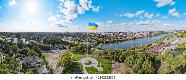 Ukraine Flag On Background Of Panoramic Provincial Country Town Vinnytsia Beautiful City With River