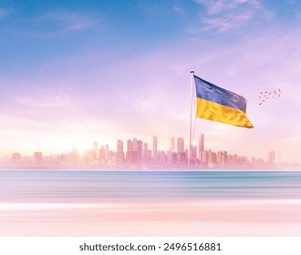 Ukraine flag wavering in front of scenic view of modern skyline. Ukraine national flag for independence day.