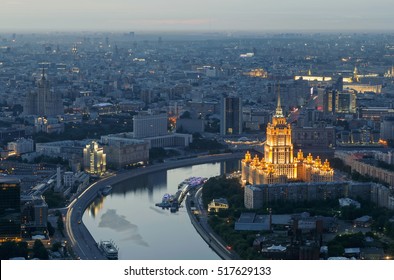 Ukraine Hotel And Moskva River At Night In Moscow, Russia, Top View