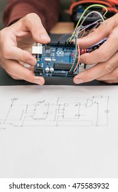 UKRAINE, KHARKIV, AUGUST 25,2016. Electronic Construction On Base Of Arduino UNO Platform With Wiring Engineering Diagram Close-up. Arduino UNO Is An Open-source Electronics Platform.