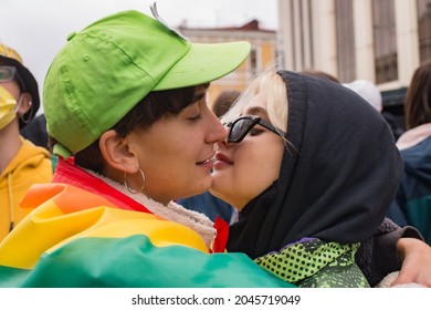 Ukraine, Kiev City September 19, 2021 Equality March Kiev Pride. Two Young Girls Kiss At A Gender Equality Protest