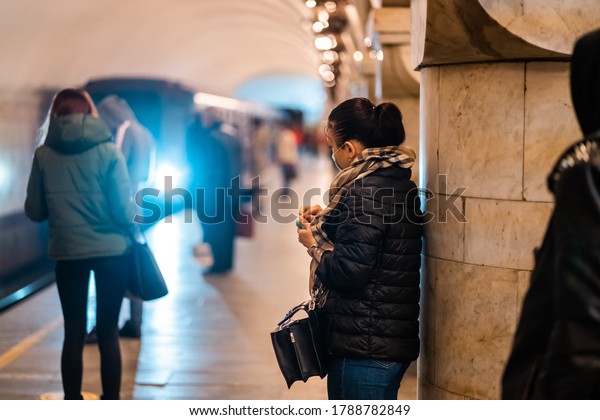 UKRAINE, KIEV -
MAY 26, 2020: subway station Zoloty Vorota (Golden Gate). People
wait at a subway station in
Kiev.