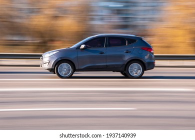 Ukraine, Kyiv - 11 March 2021: Gray Hyundai Tucson car moving on the street;