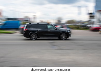 Ukraine, Kyiv - 20 April 2021: Black Subaru Ascent Car Moving On The Street. Editorial