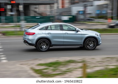 Ukraine, Kyiv - 20 April 2021: Silver Mercedes-Benz GLE Coupe car moving on the street. Editorial