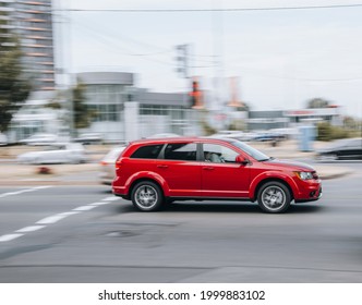 Ukraine, Kyiv - 27 June 2021: Red Dodge Journey Car Moving On The Street. Editorial