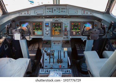 Ukraine, Kyiv - August 13, 2020: The cockpit and steering wheel of the aircraft. Pilot seat. Empty chairs. Dashboard. Aircraft UR-RWA Windrose AIRLINES. ATR 72-600.