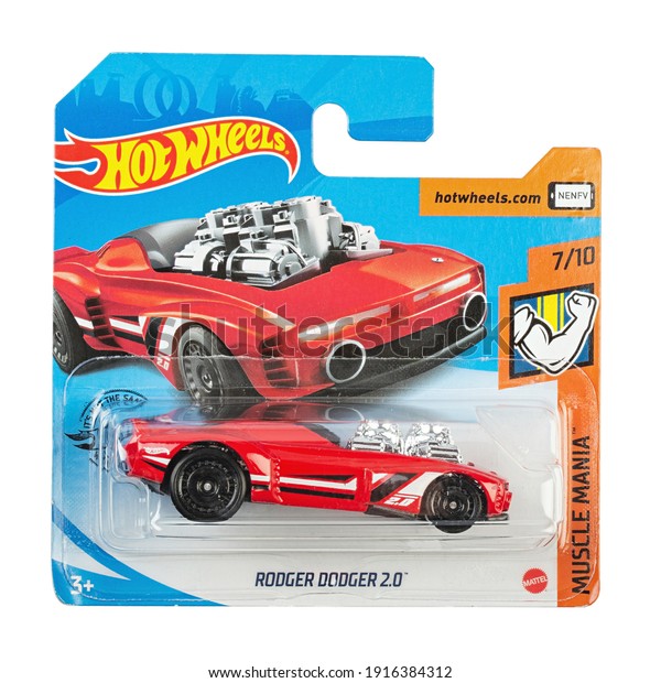 Ukraine, Kyiv - December 28. 2020: Hot wheels toy\
car rodger dodger 2.0 close up picture. Hot Wheels is a scale\
die-cast toy cars by American toy maker Mattel in 1968. File\
contains clipping\
path.