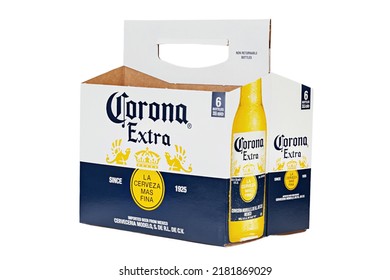 Ukraine, Kyiv - July 12. 2022:  Empty Cardboard Pack Of Corona Extra Beer, Side Front View. Corona Is The Most Popular Imported Beer In The United States.