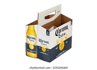 Ukraine, Kyiv - July 12. 2022:  Empty Cardboard Pack Of Corona Extra Beer, Side Front View. Corona Is The Most Popular Imported Beer In The United States.