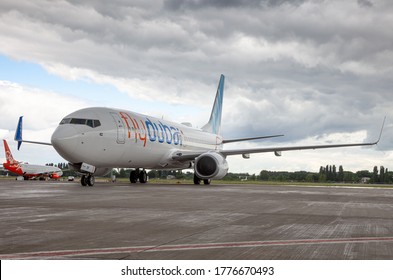 Ukraine, Kyiv - July 8, 2020: Passenger aircraft Boeing 737-800 next-generation Flydubai Airlines A6-FEP. Boryspil International Airport. Plane arrival of the aircraft on the platform. Apron runway.