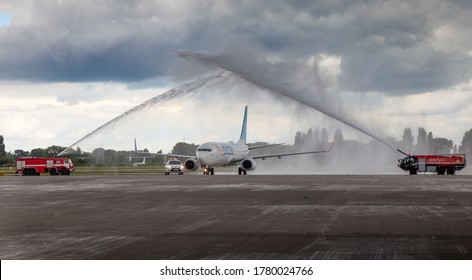 Ukraine, Kyiv - July 8, 2020: Passenger aircraft Boeing 737-800 next-generation Flydubai Airlines A6-FEP. Washing. Plane arrival of the aircraft on the platform. Apron runway. 