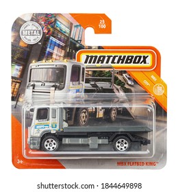 Ukraine, Kyiv - October 20. 2020: Toy Car Model Mbx Flatbed King. Matchbox Is A Popular British Toy Brand That Was Introduced By Lesney Products In 1953. 