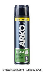 Ukraine, Kyiv - October 23. 2020: Arko Shaving Foam In The Spray Can White Background. Insulated Packaging For Catalog. File Contains Clipping Path. File Contains Clipping Path.