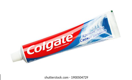 Ukraine, Kyiv - October 23. 2020: Colgate strong teeth fresh breath tooth paste on white background. Colgate is a brand of toothpaste produced by Colgate-Palmolive. File contains clipping path.