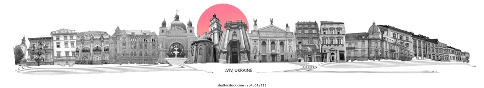 Ukraine, Lviv - city collage or art design with famous travel sights, skyline, buildings.