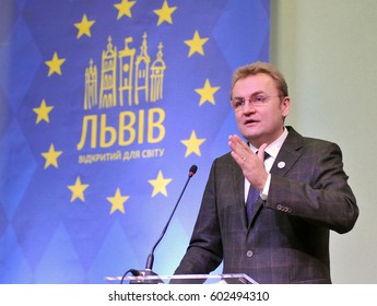 Ukraine, Lviv - December 26, 2013: Mayor Of Lviv Andriy Sadovyi Speaks During A Meeting With Residents Of Lviv.