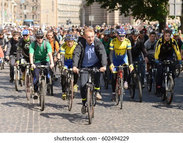 Ukraine, Lviv - May 25, 2013: Mayor Of Lviv Andriy Sadovyi (C) At The Bicycle During The All-Ukrainian Bike Day (Veloden) In Lviv.