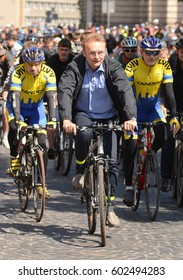 Ukraine, Lviv - May 25, 2013: Mayor Of Lviv Andriy Sadovyi (C) At The Bicycle During The All-Ukrainian Bike Day (Veloden) In Lviv.