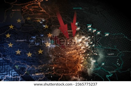 Ukraine map, war and satellite for Europe flag, arrow illustration and target in conflict with Russia. Global battlefield, warzone and fight for human rights, politics or freedom with double exposure Zdjęcia stock © 