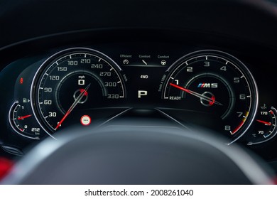 Ukraine, Odessa July 8 - 2021: BMW M5 dashboard. Car interior dashboard details