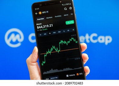 Ukraine, Odessa - October, 9 2021: Trading pair BTC USD at CoinMarketCap app running at smartphone screen with CMC logo at background. World's most trusted cryptocurrency data authority