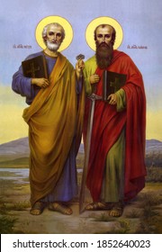 UKRAINE, ODESSA REGION, VILLAGE PETRODOLINSKOE – APRIL, 08, 2013: Orthodox icon of the holy apostles Peter and Paul.