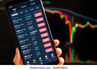 Ukraine, Odessa - September, 7 2021: Bitcoin dump. BTC, ETH, Doge and other altcoins price crashed in red candle and massive sell-off. Binance mobile app running at mobile screen with trading page.