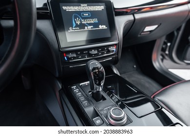 Ukraine, Odessa September 8 - 2021: Interior Of Modern Luxury Car Maserati Ghibli. Car Interior With Big Display Navigation Unit, Automatic Transmission, No People. Cabin Interior - Dashboard