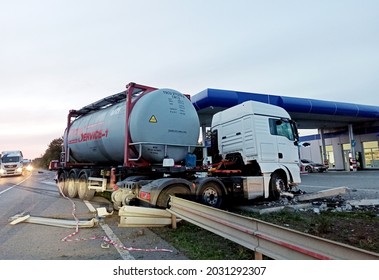 Ukraine Satanov - 24 08 2020 Car Truck With Fuel Tank Accident On Gas Station At Night In Dust. Dangerous Car Accident On Road