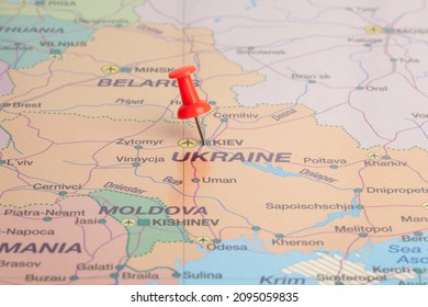 Ukraine, selective focus on Kiev- capital city, pinned on political map 