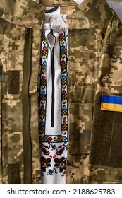 Ukraine Traditional Clothes And Military Uniform Of Ukrainian Soldier. Armed Forces Of Ukraine With Spirit Of Freedom. Defend Our Country