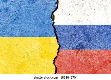 Ukraine VS Russia national flags isolated on broken wall with cracks background, abstract Ukraine Russia politics economy culture history war relationship conflicts concept - Shutterstock ID 1881842704